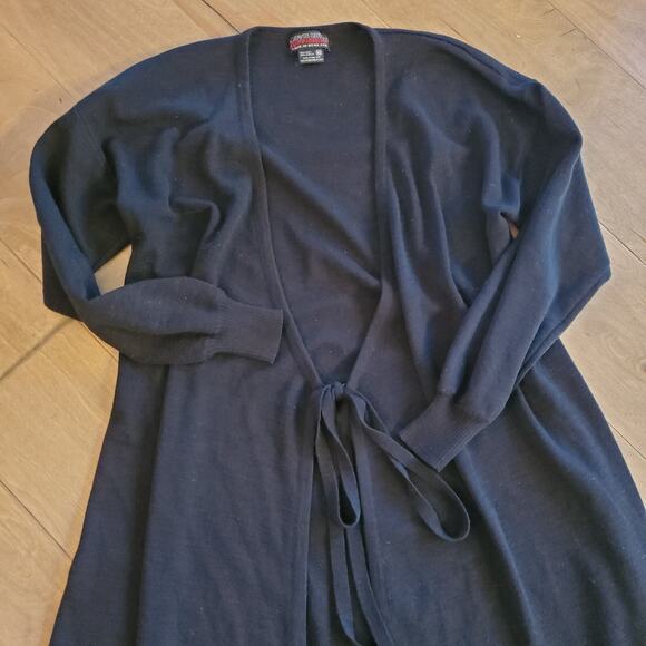 Vintage Clovis Ruffin Black Sz 10 M Tie Front Long Cardigan Wool Sweater Duster - Picture 5 of 15